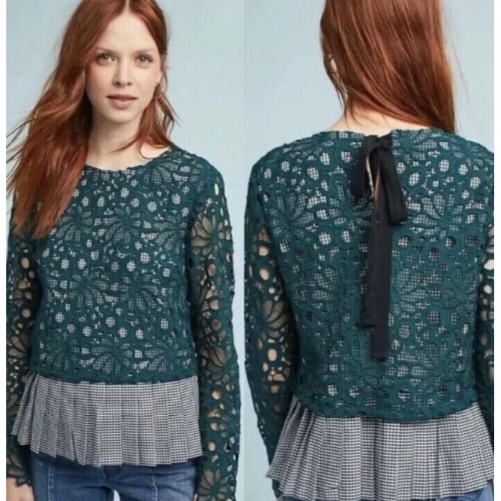 ANTHROPOLOGIE MAEVE Gabriella Gingham Peplum and Green Lace Top Size XS